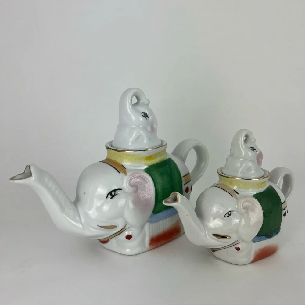 Vintage Pier 1 Set Of 2 Elephant Teapot & Creamer W/ Lids Porcelain Painted
